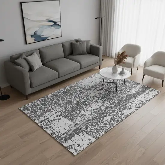 Charcoal Gray And Silver Abstract Washable Area Rug With UV Protection Photo 2
