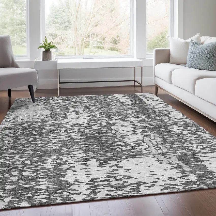 Charcoal Gray And Silver Abstract Washable Area Rug With UV Protection Photo 5