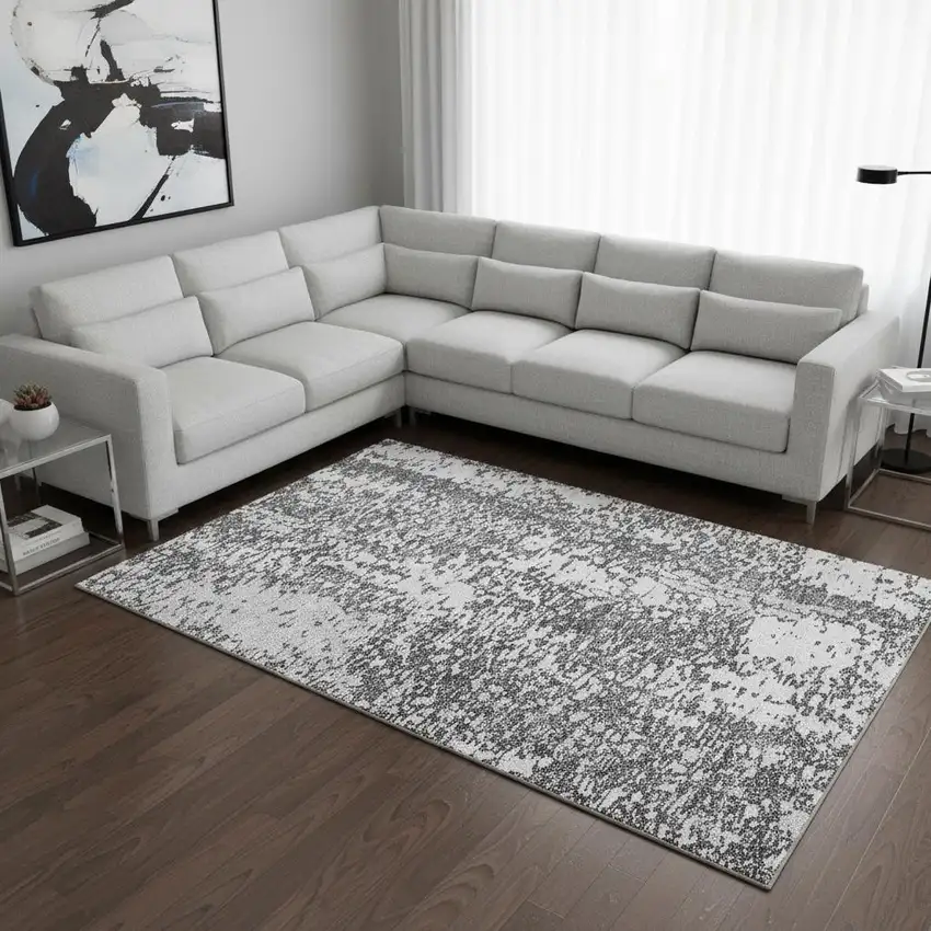 Charcoal Gray And Silver Abstract Washable Area Rug With UV Protection Photo 2