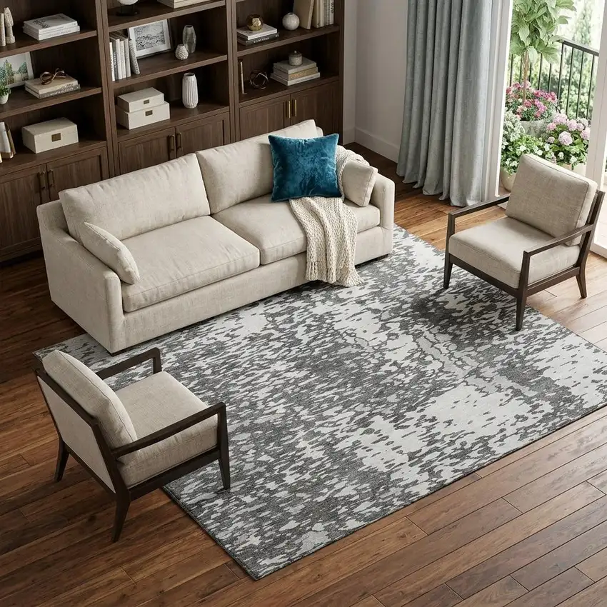 Charcoal Gray And Silver Abstract Washable Area Rug With UV Protection Photo 1