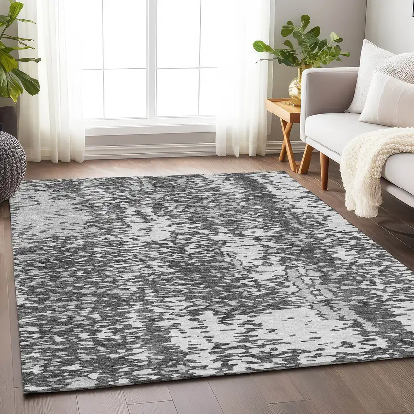 Charcoal Gray And Silver Abstract Washable Area Rug With UV Protection Photo 4