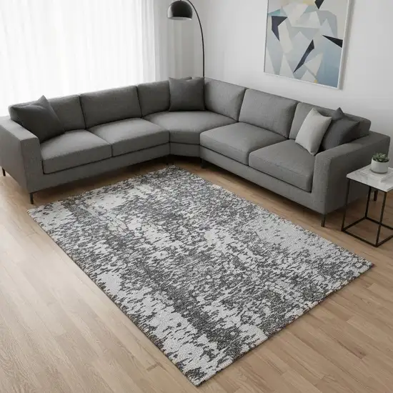 Charcoal Gray And Silver Abstract Washable Area Rug With UV Protection Photo 2
