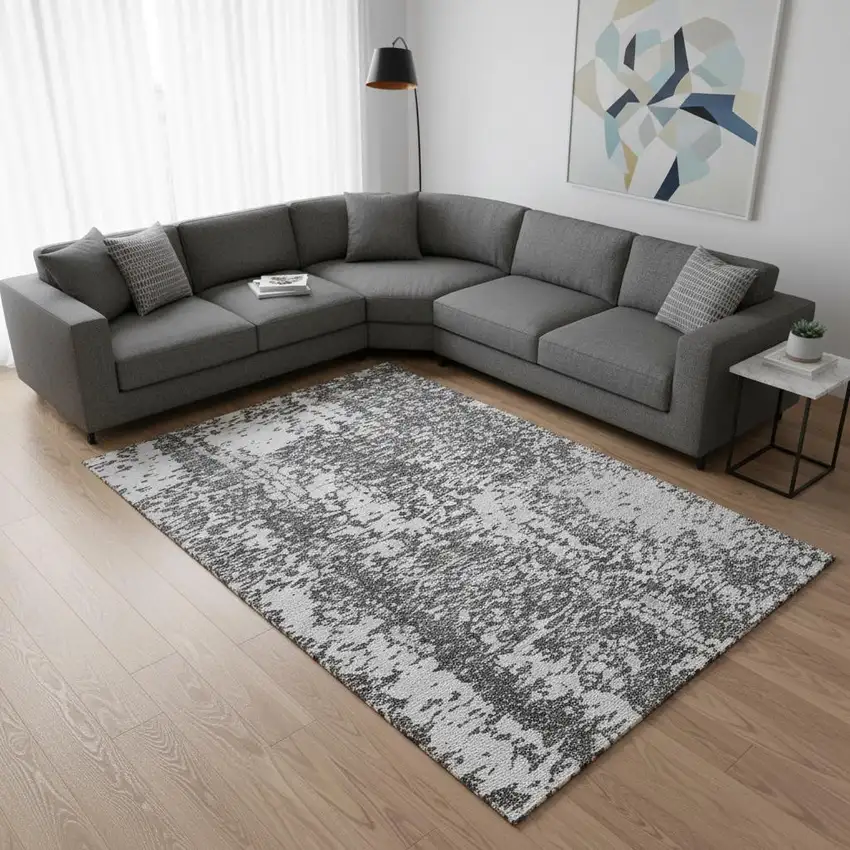Charcoal Gray And Silver Abstract Washable Area Rug With UV Protection Photo 2
