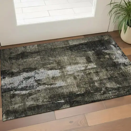 Charcoal Gray And Silver Abstract Washable Area Rug With UV Protection Photo 1
