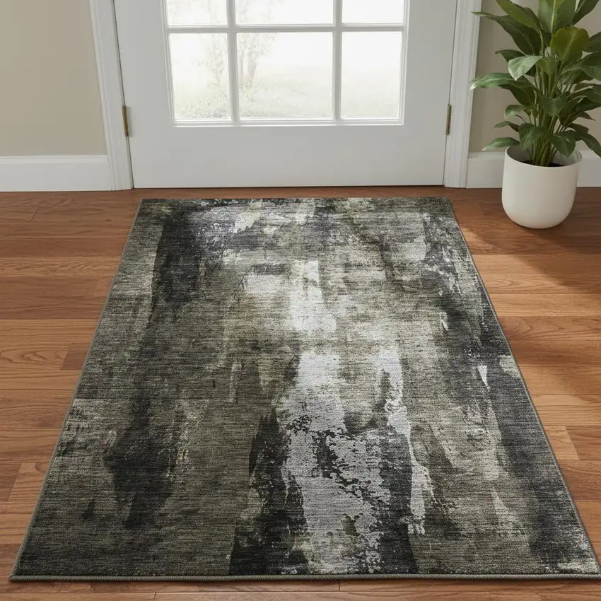 Charcoal Gray And Silver Abstract Washable Area Rug With UV Protection Photo 2
