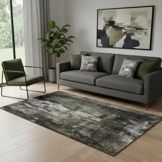 Charcoal Gray And Silver Abstract Washable Area Rug With UV Protection Photo 2