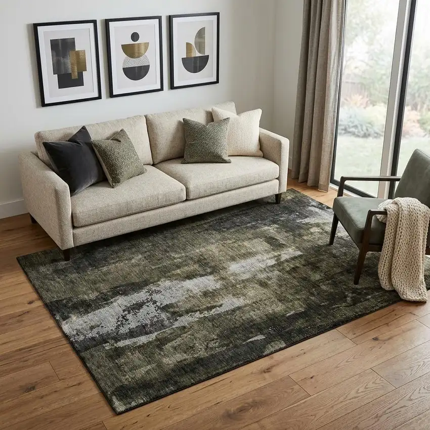 Charcoal Gray And Silver Abstract Washable Area Rug With UV Protection Photo 1