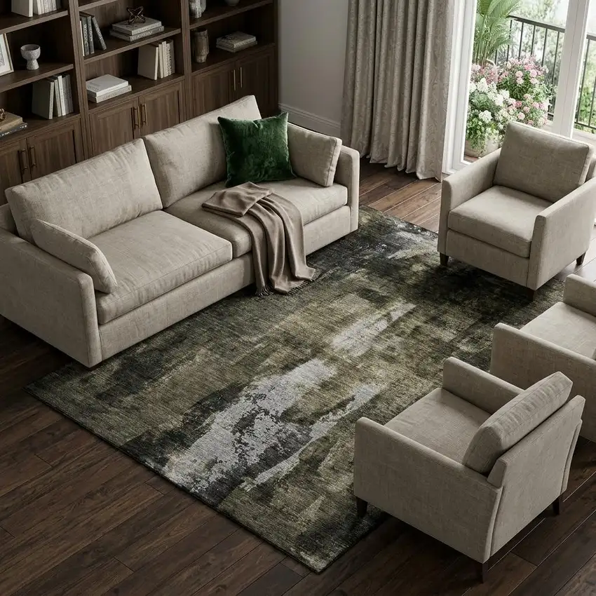 Charcoal Gray And Silver Abstract Washable Area Rug With UV Protection Photo 1