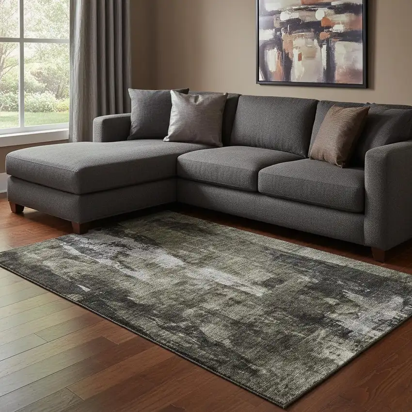Charcoal Gray And Silver Abstract Washable Area Rug With UV Protection Photo 2