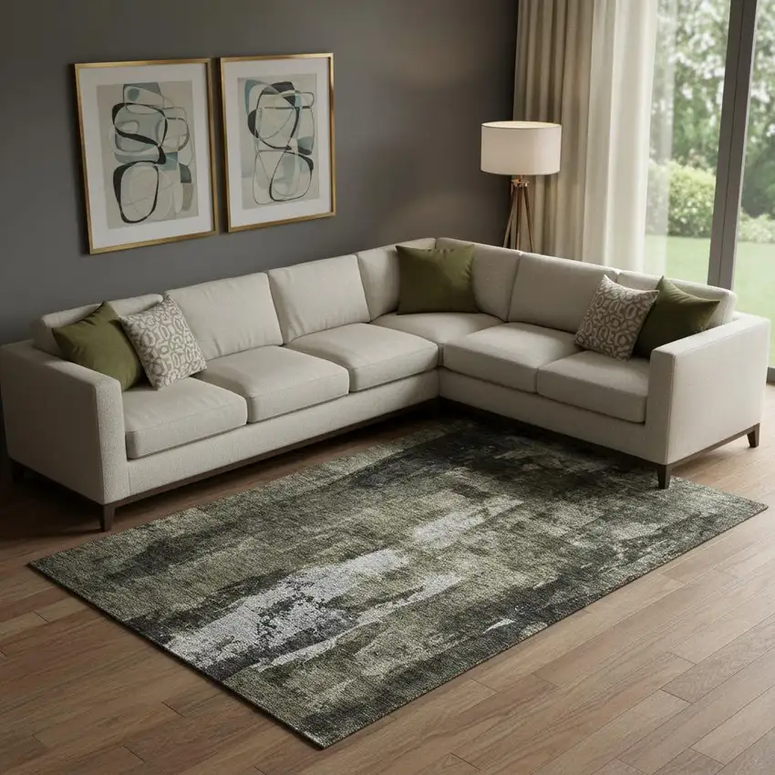 Charcoal Gray And Silver Abstract Washable Area Rug With UV Protection Photo 2