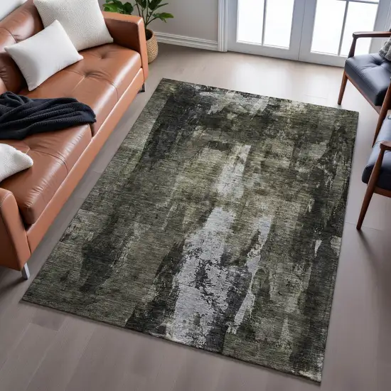 Charcoal Gray And Silver Abstract Washable Area Rug With UV Protection Photo 4