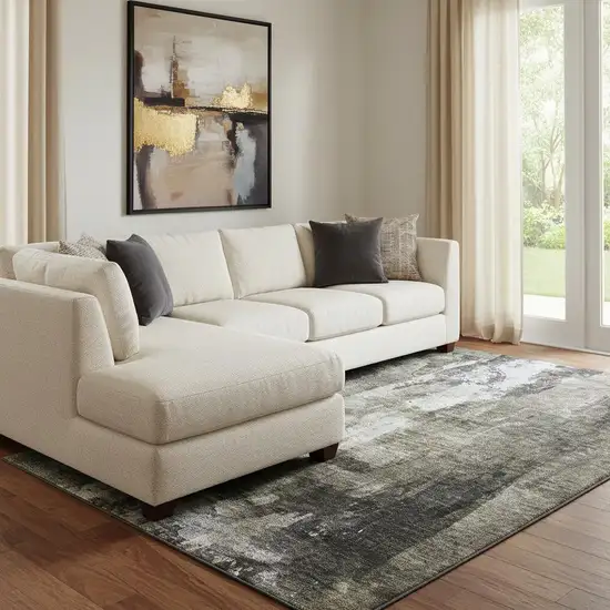 Charcoal Gray And Silver Abstract Washable Area Rug With UV Protection Photo 2