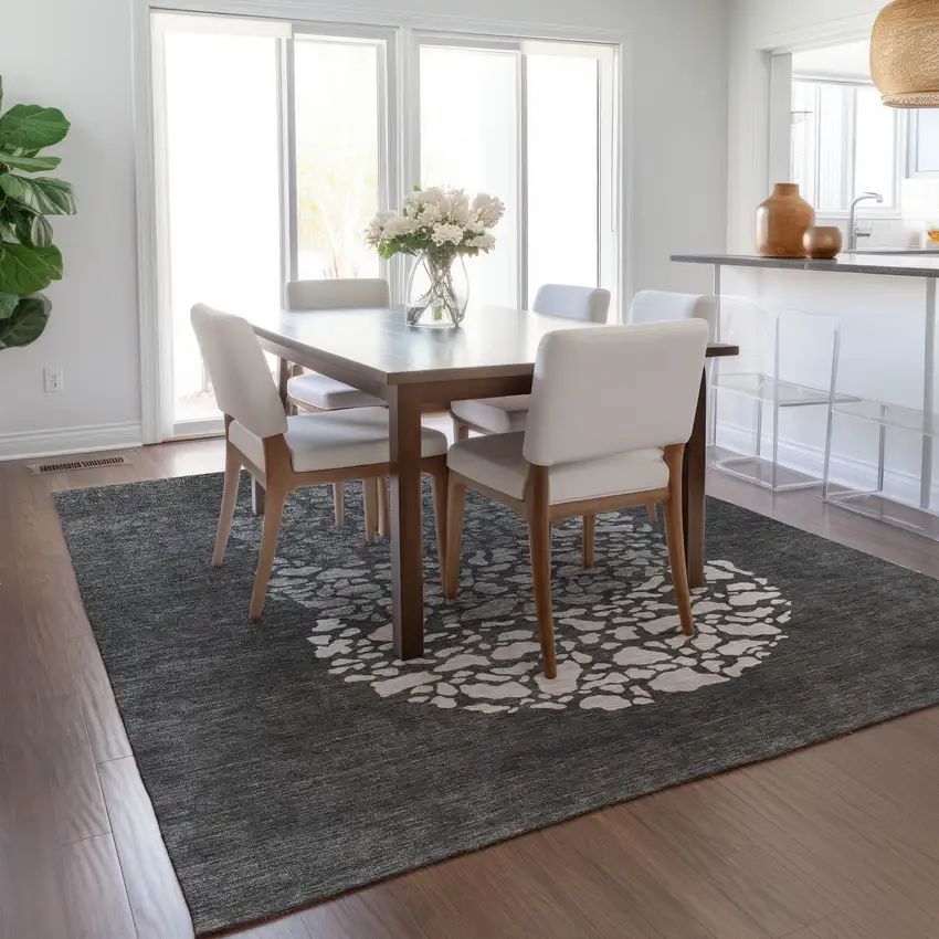 Charcoal Gray And Silver Abstract Washable Indoor Outdoor Area Rug Photo 8
