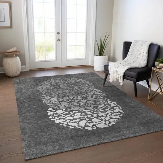 Charcoal Gray And Silver Abstract Washable Indoor Outdoor Area Rug Photo 7