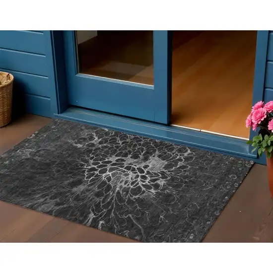 Charcoal Gray And Silver Abstract Washable Indoor Outdoor Area Rug Photo 1