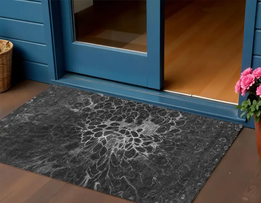 Charcoal Gray And Silver Abstract Washable Indoor Outdoor Area Rug Photo 1