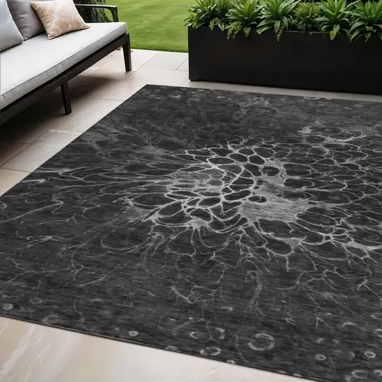 Charcoal Gray And Silver Abstract Washable Indoor Outdoor Area Rug Photo 1