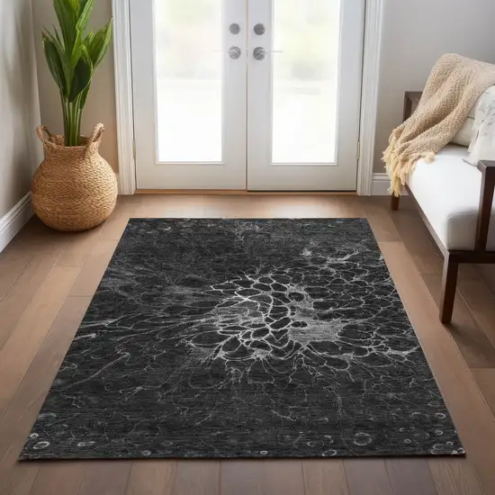 Charcoal Gray And Silver Abstract Washable Indoor Outdoor Area Rug Photo 9