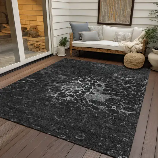 Charcoal Gray And Silver Abstract Washable Indoor Outdoor Area Rug Photo 9