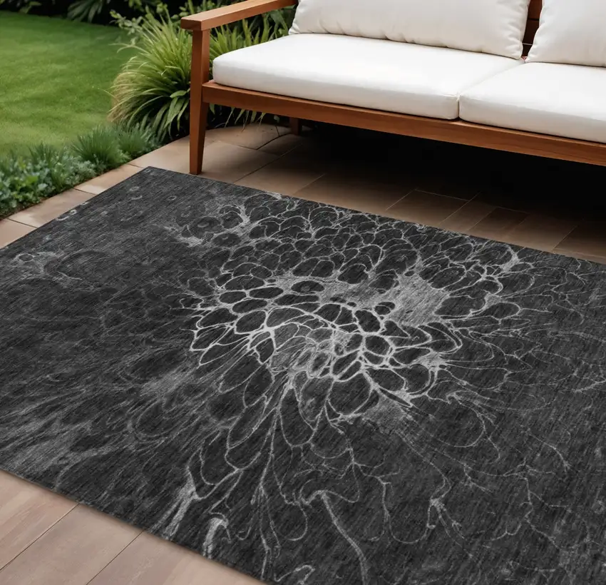 Charcoal Gray And Silver Abstract Washable Indoor Outdoor Area Rug Photo 1