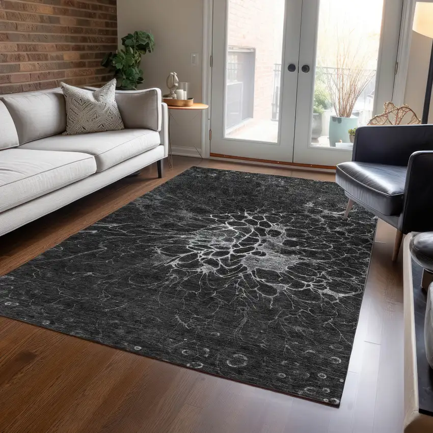 Charcoal Gray And Silver Abstract Washable Indoor Outdoor Area Rug Photo 8