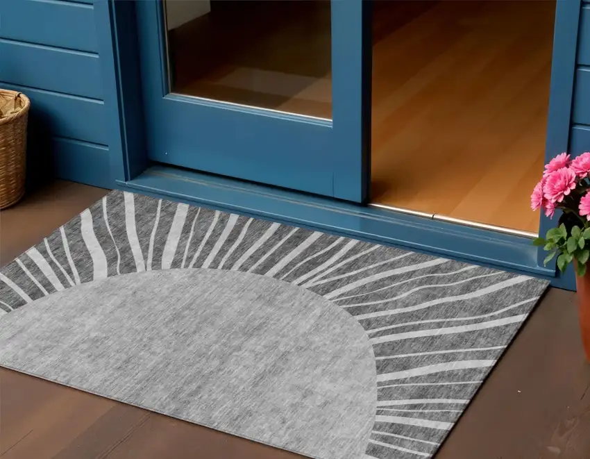 Charcoal Gray And Silver Abstract Washable Indoor Outdoor Area Rug Photo 1