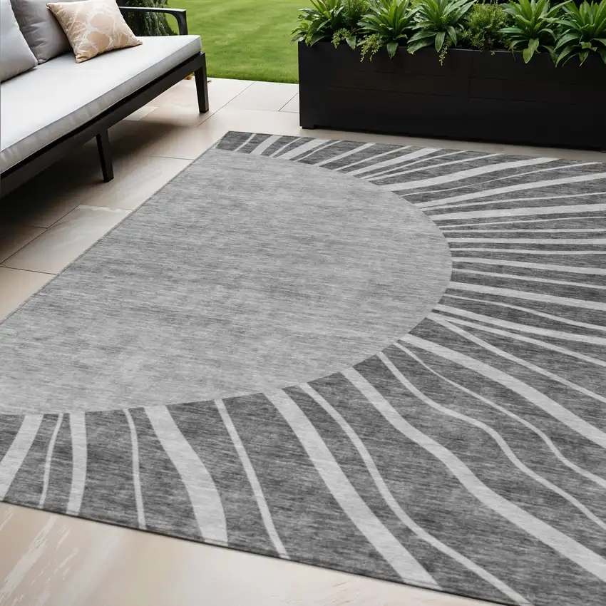 Charcoal Gray And Silver Abstract Washable Indoor Outdoor Area Rug Photo 1