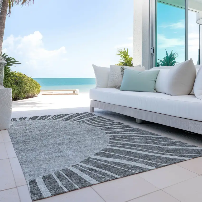 Charcoal Gray And Silver Abstract Washable Indoor Outdoor Area Rug Photo 9