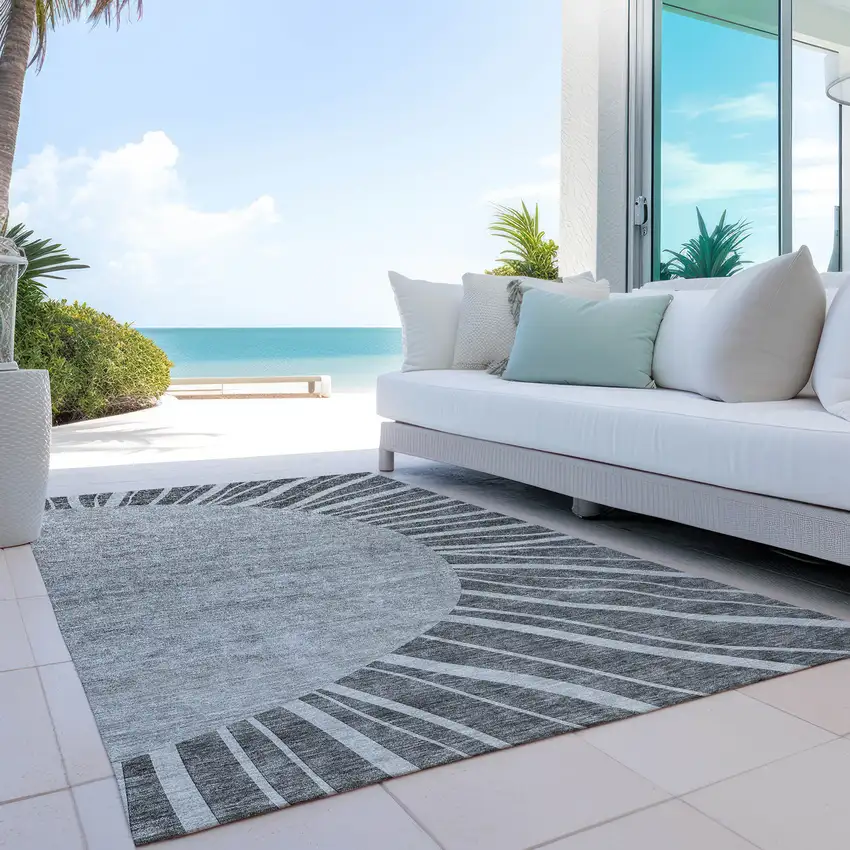 Charcoal Gray And Silver Abstract Washable Indoor Outdoor Area Rug Photo 9