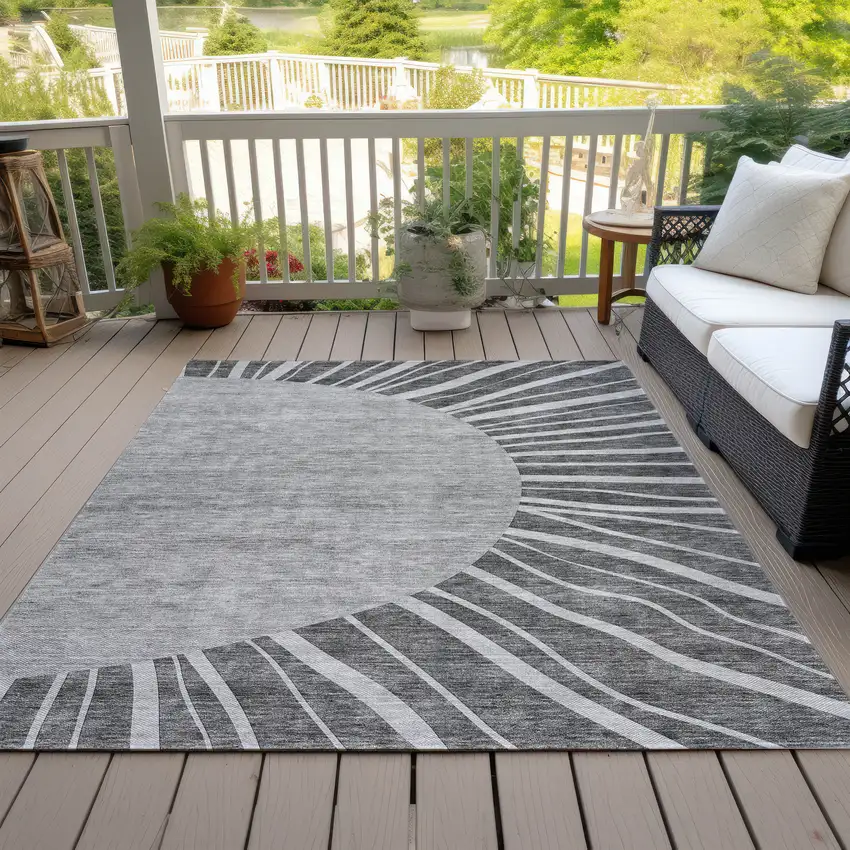 Charcoal Gray And Silver Abstract Washable Indoor Outdoor Area Rug Photo 6
