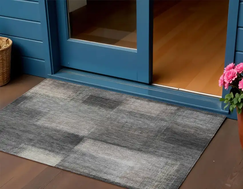 Charcoal Gray And Silver Abstract Washable Indoor Outdoor Area Rug Photo 1