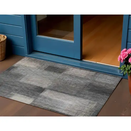Charcoal Gray And Silver Abstract Washable Indoor Outdoor Area Rug Photo 1