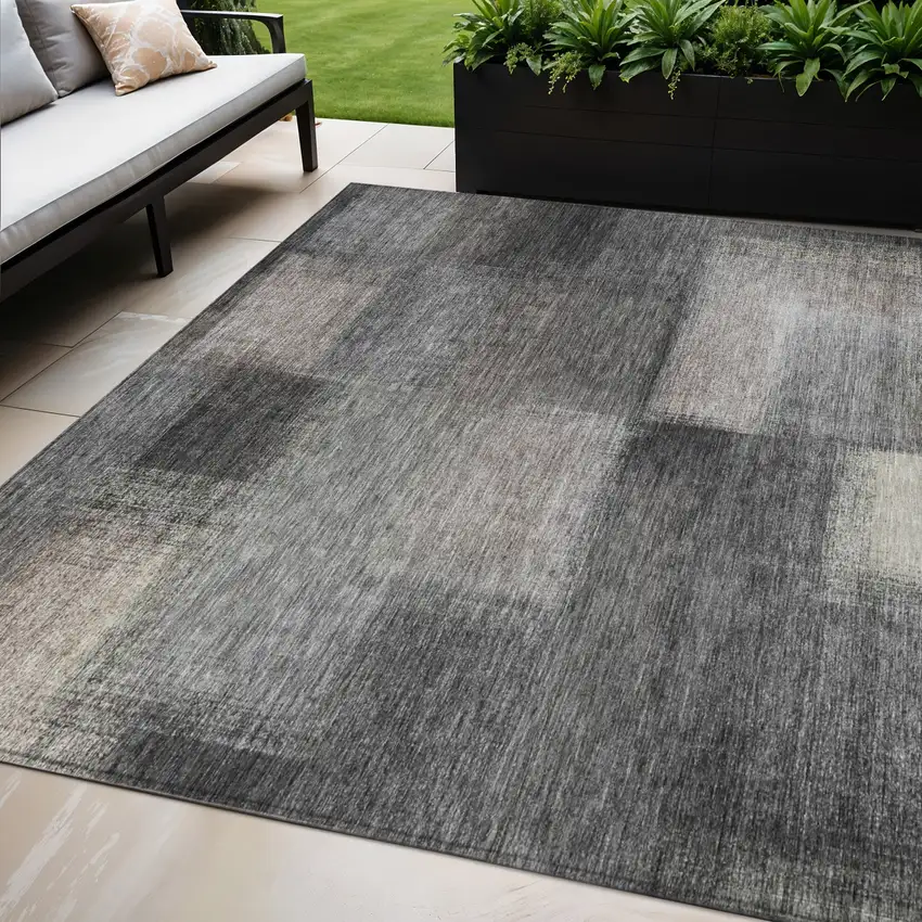 Charcoal Gray And Silver Abstract Washable Indoor Outdoor Area Rug Photo 1