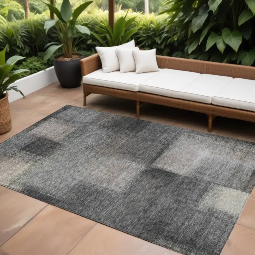 Charcoal Gray And Silver Abstract Washable Indoor Outdoor Area Rug Photo 1