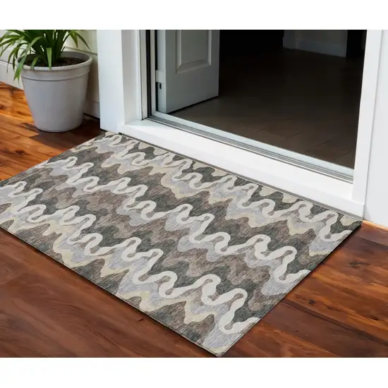 Charcoal Gray And Silver Abstract Washable Indoor Outdoor Area Rug Photo 1