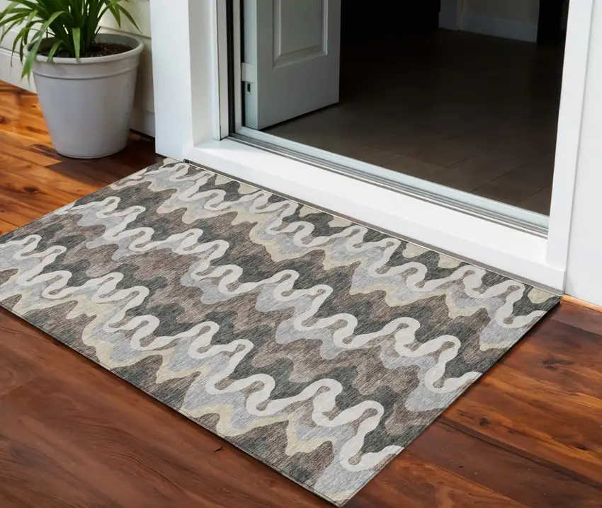 Charcoal Gray And Silver Abstract Washable Indoor Outdoor Area Rug Photo 1