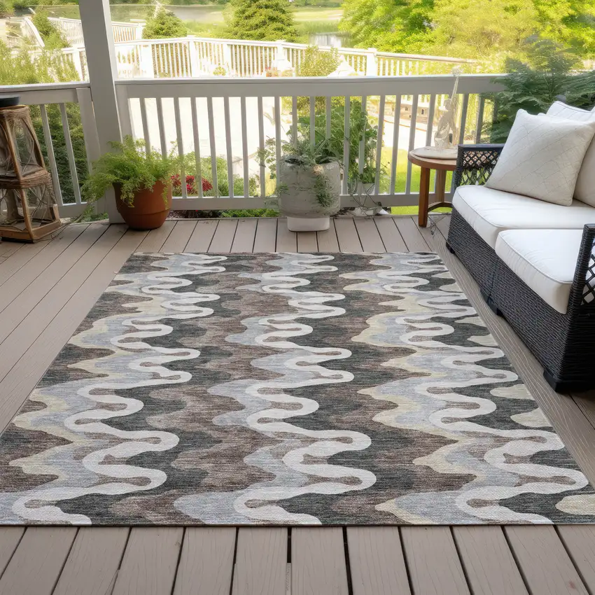 Charcoal Gray And Silver Abstract Washable Indoor Outdoor Area Rug Photo 6