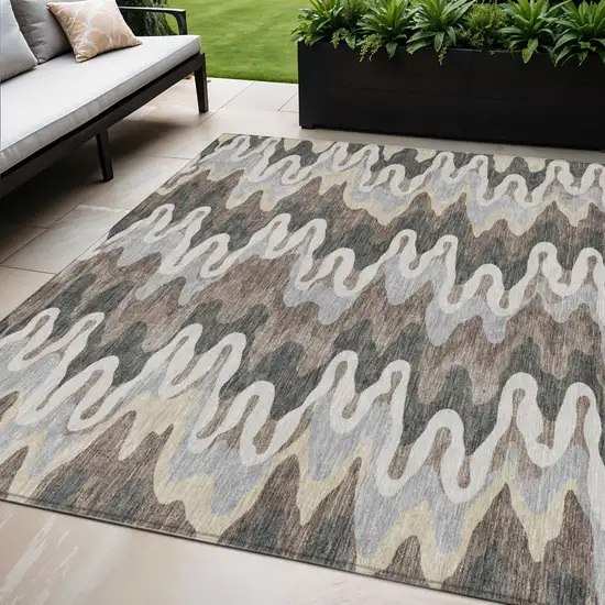 Charcoal Gray And Silver Abstract Washable Indoor Outdoor Area Rug Photo 1