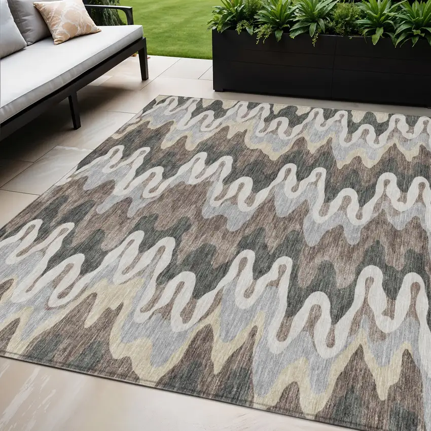 Charcoal Gray And Silver Abstract Washable Indoor Outdoor Area Rug Photo 1