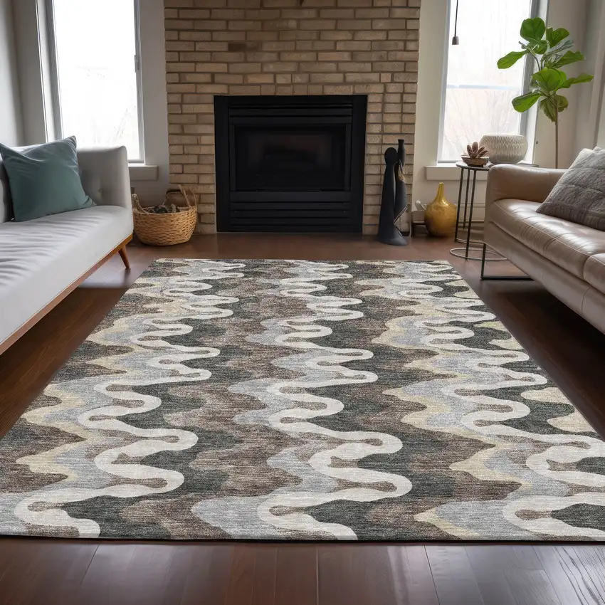 Charcoal Gray And Silver Abstract Washable Indoor Outdoor Area Rug Photo 7