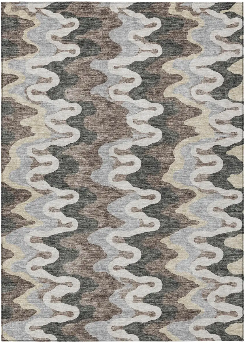 Charcoal Gray And Silver Abstract Washable Indoor Outdoor Area Rug Photo 1