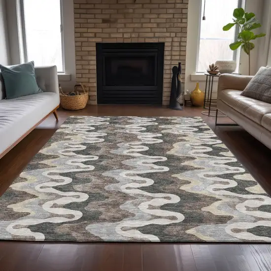 Charcoal Gray And Silver Abstract Washable Indoor Outdoor Area Rug Photo 7