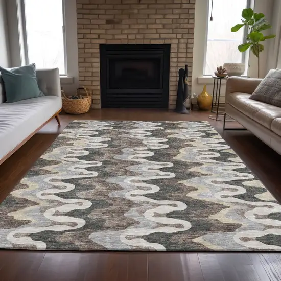 Charcoal Gray And Silver Abstract Washable Indoor Outdoor Area Rug Photo 7