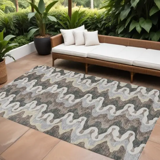 Charcoal Gray And Silver Abstract Washable Indoor Outdoor Area Rug Photo 1