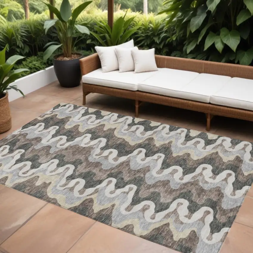 Charcoal Gray And Silver Abstract Washable Indoor Outdoor Area Rug Photo 1