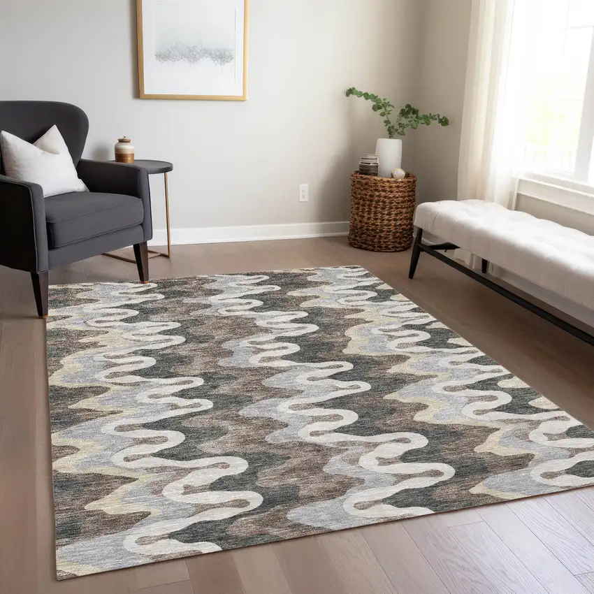 Charcoal Gray And Silver Abstract Washable Indoor Outdoor Area Rug Photo 8