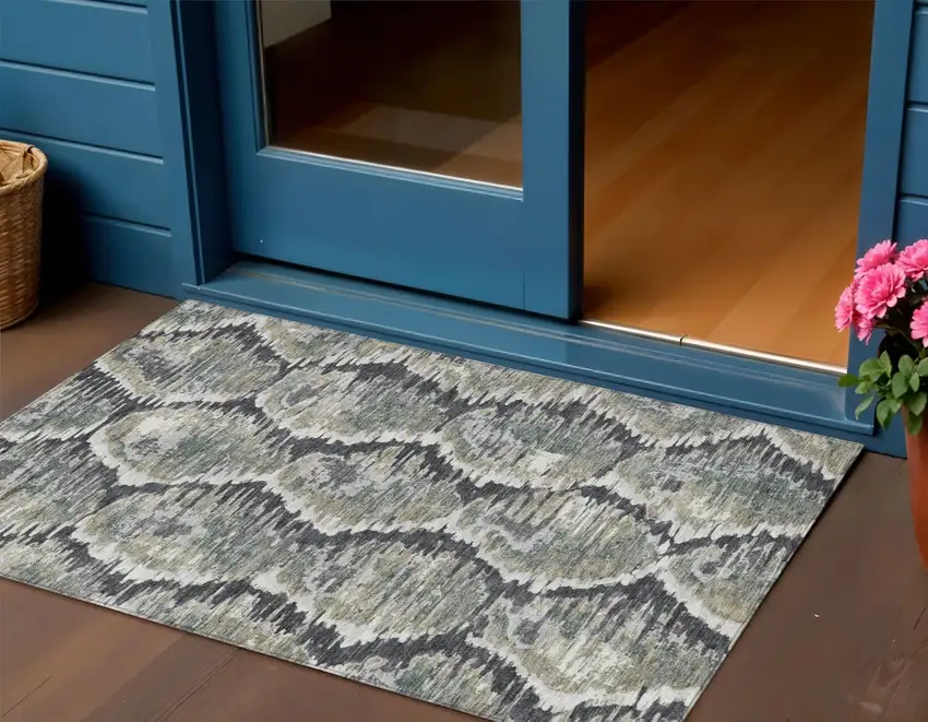 Charcoal Gray And Silver Abstract Washable Indoor Outdoor Area Rug Photo 1