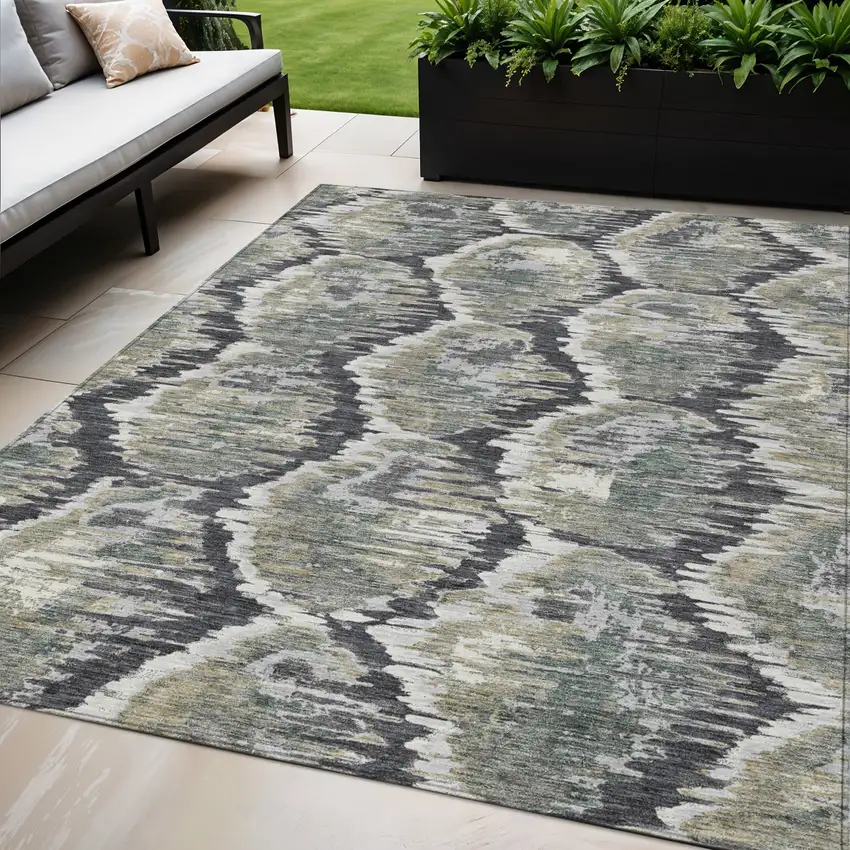 Charcoal Gray And Silver Abstract Washable Indoor Outdoor Area Rug Photo 1