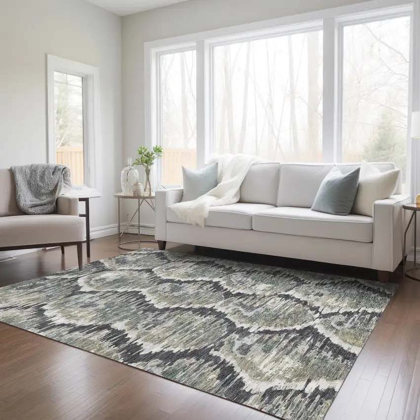 Charcoal Gray And Silver Abstract Washable Indoor Outdoor Area Rug Photo 9