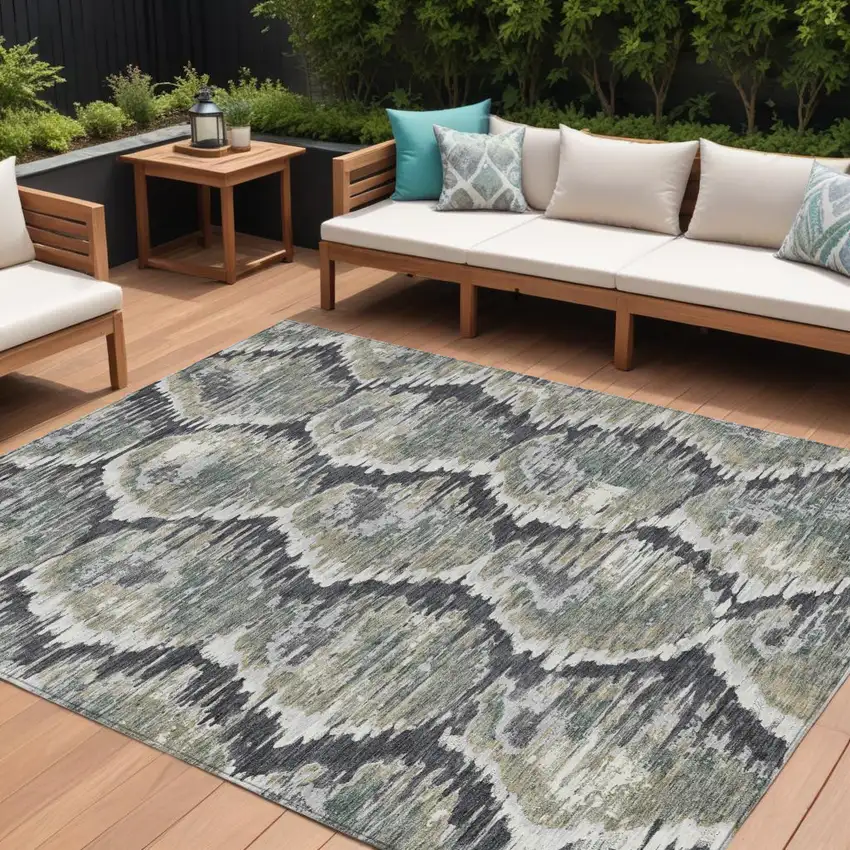 Charcoal Gray And Silver Abstract Washable Indoor Outdoor Area Rug Photo 1